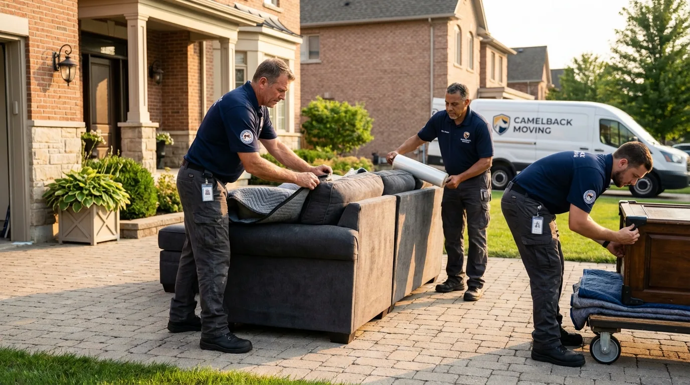 Large estate moving crew wrapping furniture in Lowell, MA