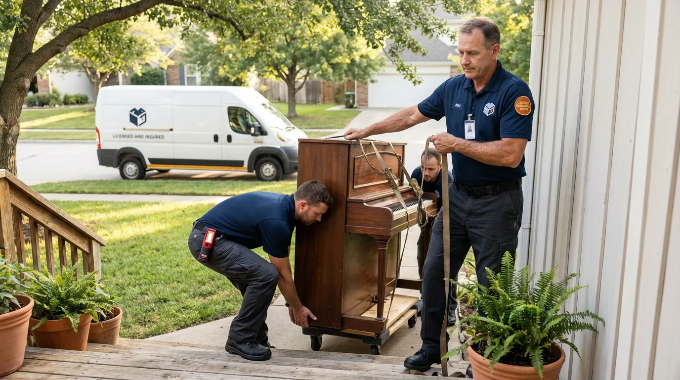 Licensed piano movers securing grand piano in Lowell, MA