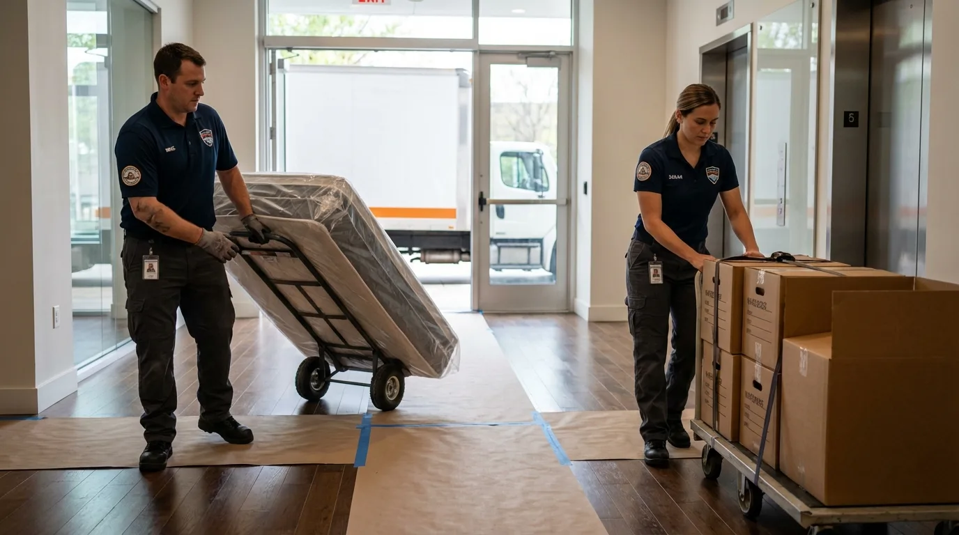 Professional apartment movers loading elevator in Lowell, MA