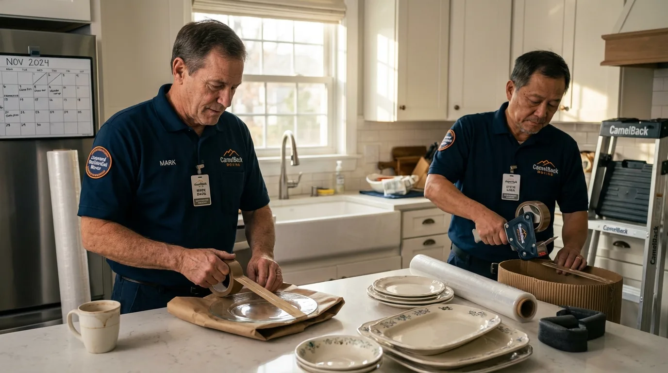 Professional crew packing kitchen dishware in Lowell, MA